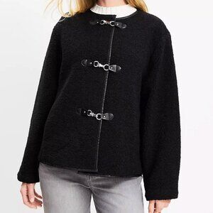 NWT LOFT Black Faux Leather Trim Shearling Silver Toggle Jacket L Petite